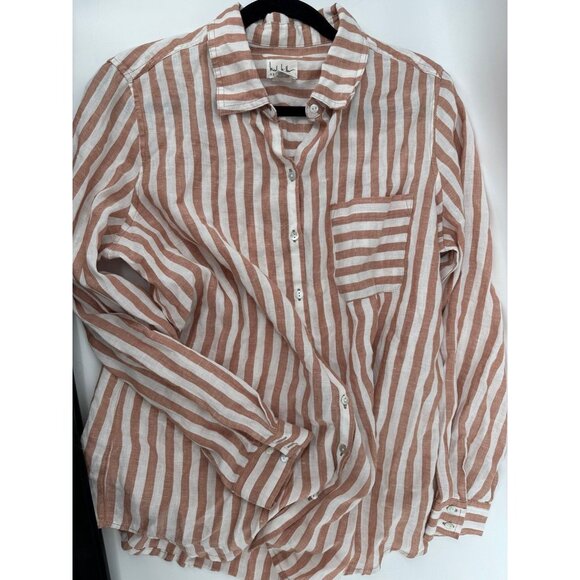 Nikole Miller Linen Blend Tan and White Stripped Button-Down Shirt Large - Picture 1 of 6